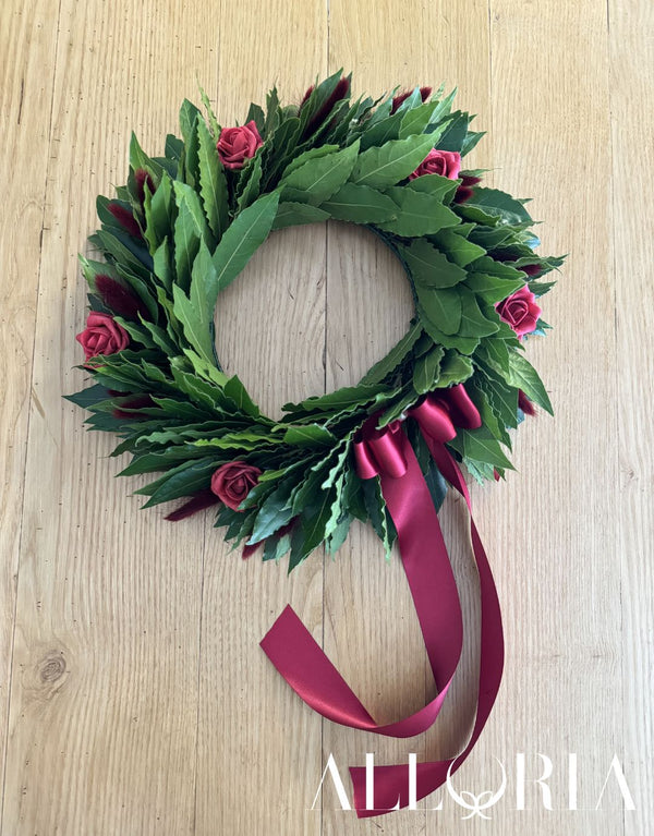 Corona di Alloro per Laurea con 5 rose rosse e Lagurus Mini Pampas Bordeaux