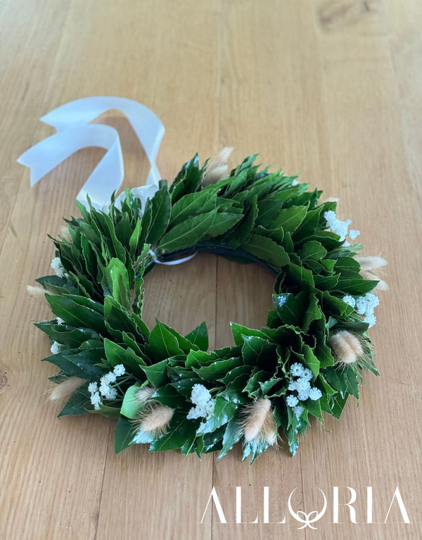 Corona di Alloro per Laurea con Lagurus Mini Pampas Avorio e Velo da sposa artificiale