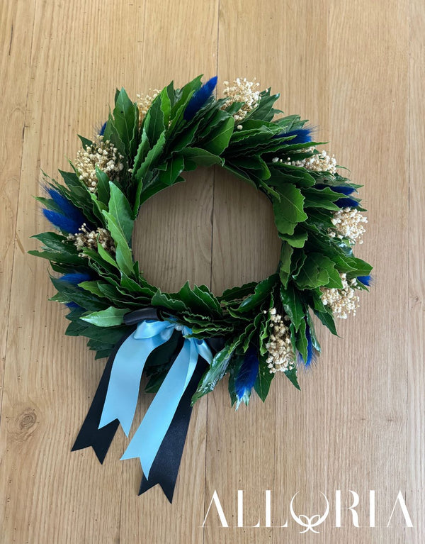 Corona di Alloro per Laurea con Lagurus Mini Pampas Blu e Velo da sposa avorio