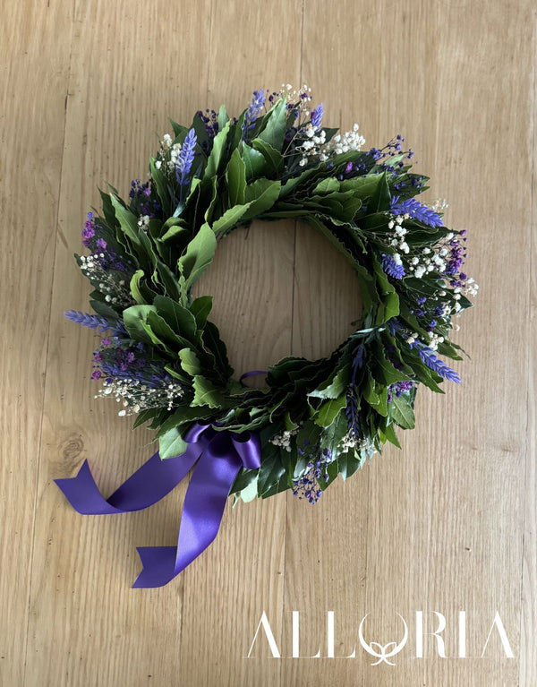 Corona-di-Alloro-per-Laurea-con-Lavanda-Artificiale-Lilla-e-Gipsofila-Stabilizzata-Viola-e-avorio