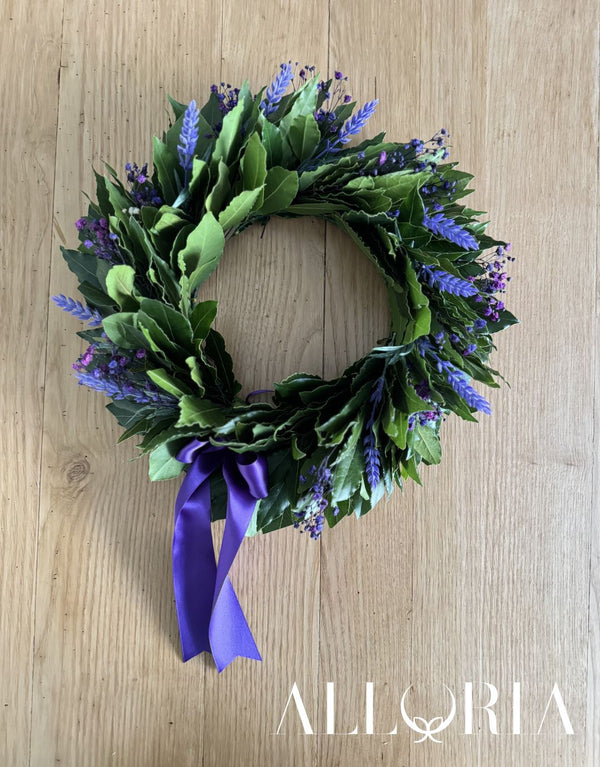 Corona di Alloro per Laurea con Lavanda Artificiale Lilla e Gipsofila Stabilizzata Viola