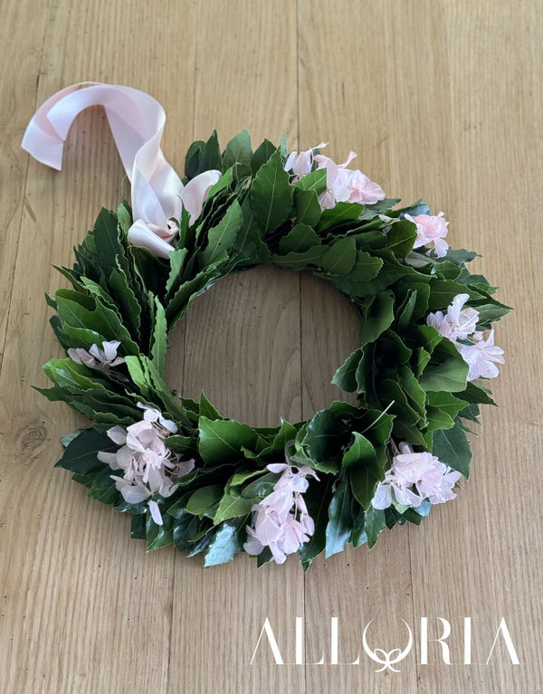 Corona di Alloro per Laurea con Ortensia Rosa Stabilizzata