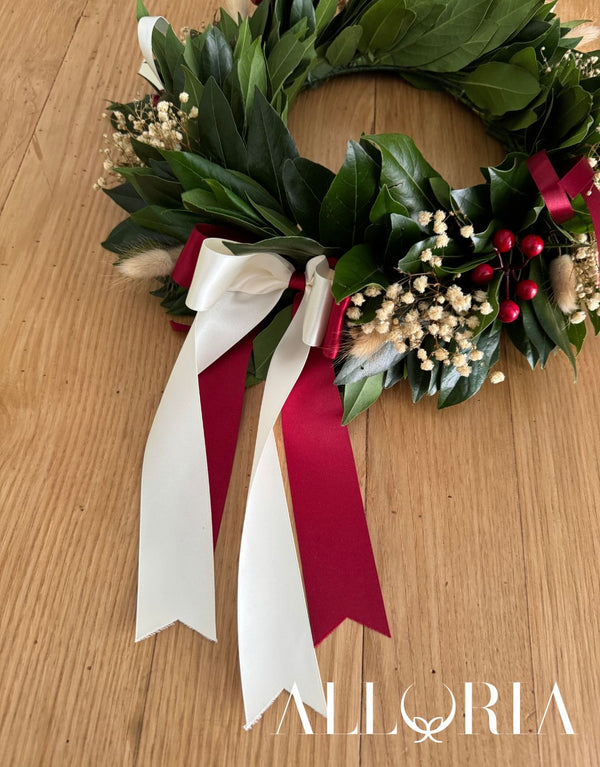 Corona di Alloro per Laurea con Bacche Rosse, Velo da sposa Stabilizzato e Lagurus mini pampas avorio -alloria
