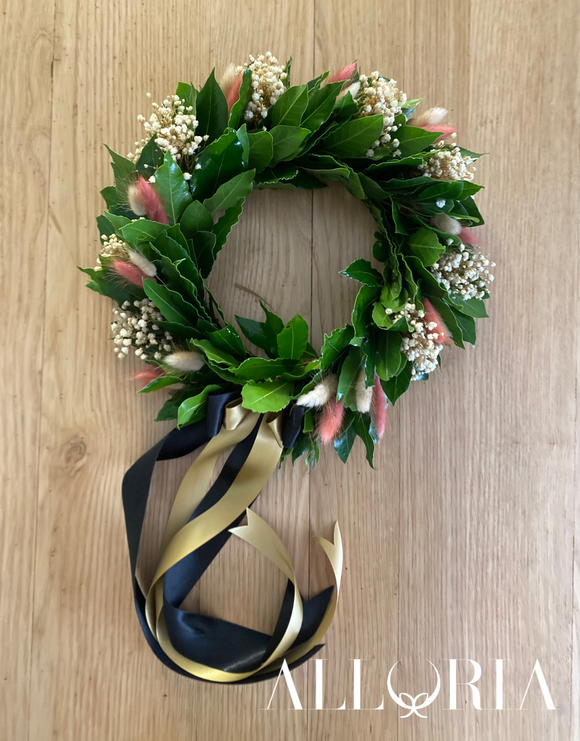 Corona di Alloro per Laurea con Velo da sposa avorio, Lagurus avorio e rosa antico - Alloria