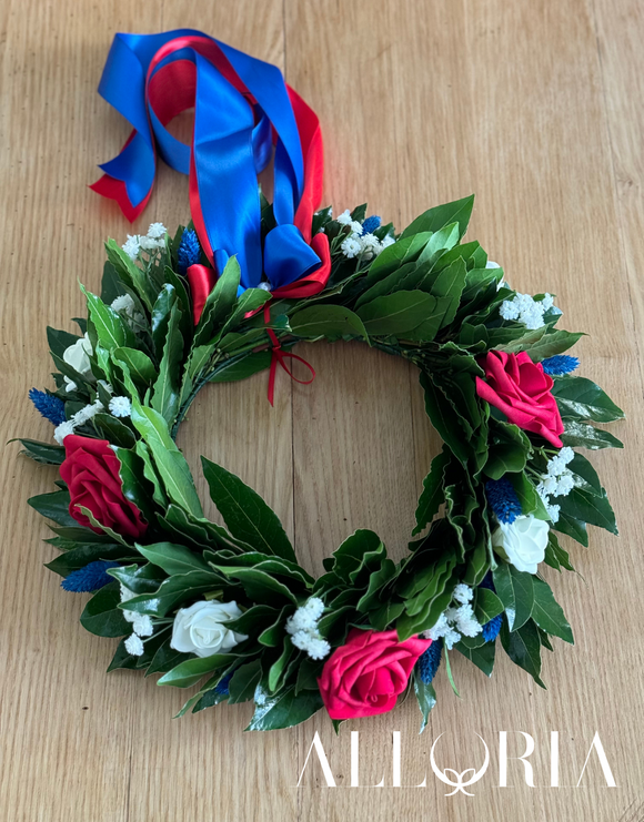Corona di Alloro per Laurea con 3 Rose Rosse, Velo da sposa e Phalaris Blu - Alloria