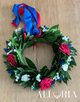 Corona di Alloro per Laurea con 3 Rose Rosse, Velo da sposa e Phalaris Blu - Alloria