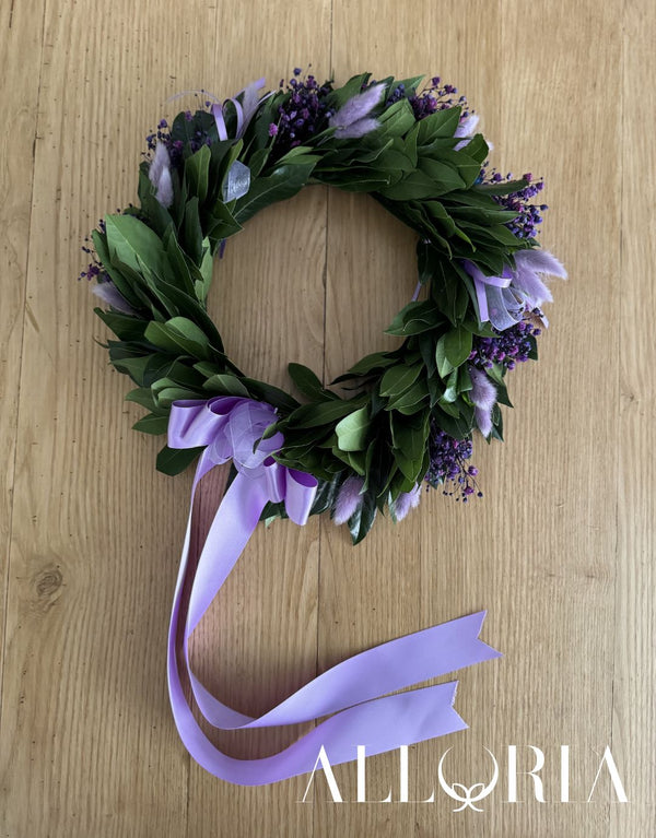 Corona di Alloro per Laurea con Gipsofila Viola Stabilizzata e Lagurus Lilla - alloria