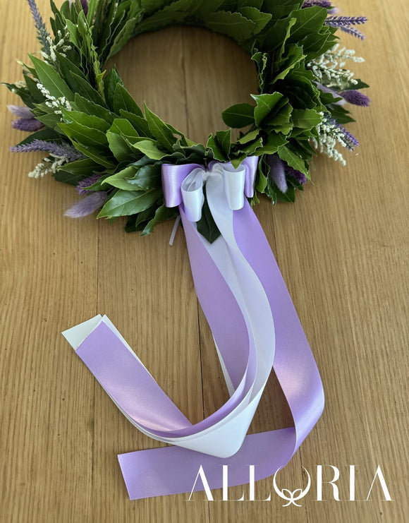 Corona di Alloro per Laurea con Erica bianca, Lagurus lilla e Phalaris viola, Lavanda - alloria